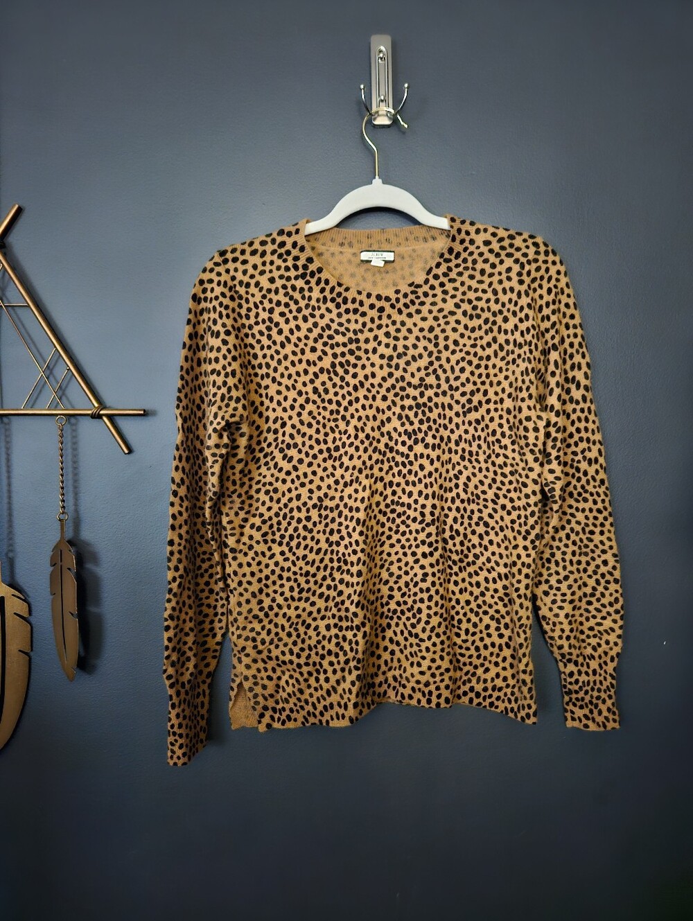 J.Crew 100% Cashmere Sweater Womens M Leopard Cheetah Animal Print Brown
